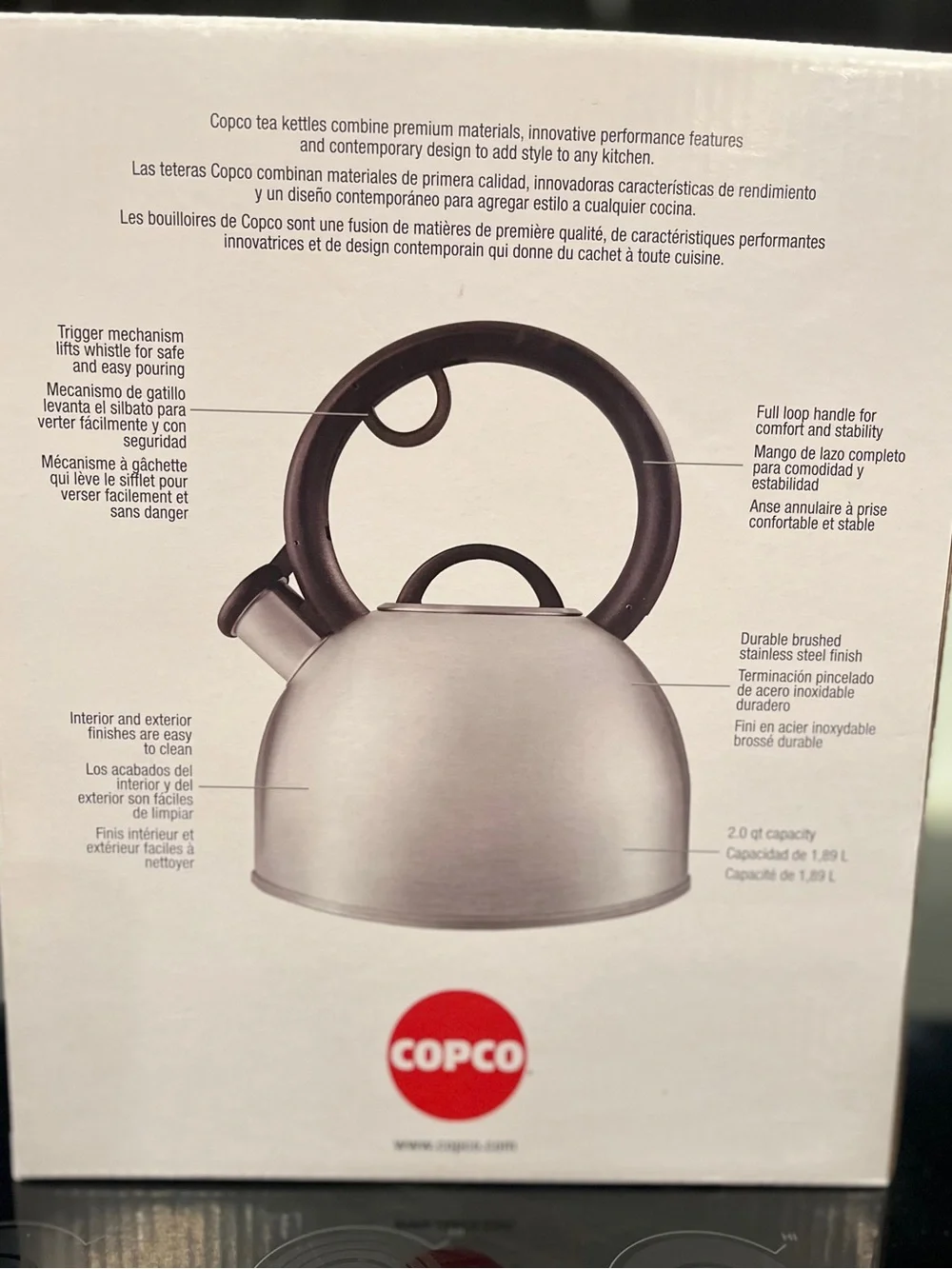 Copco Brushed Stainless Steel Whistling Kettle with Black Handle NWT
